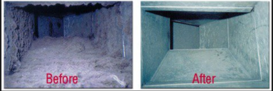 Before and after picture of a duct cleaning in Pasadena
